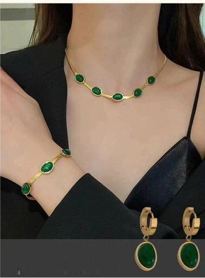 TheYuvaShop™ Oval Green Crystal Pendant Necklace Set With Bracelet